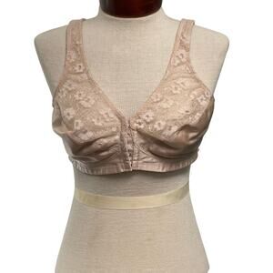 Exquisite Vintage Front Close Lace Posture Bra 38B Nude Floral VTG